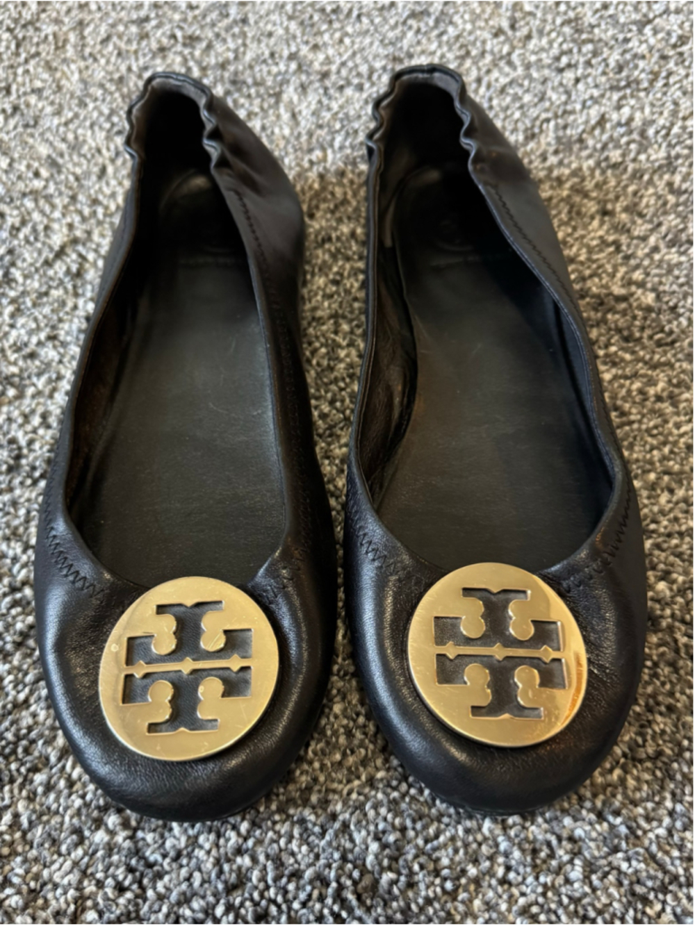 Tory Burch Black Leather Minnie Ballet Flats with Gold Logo Coin Size 9